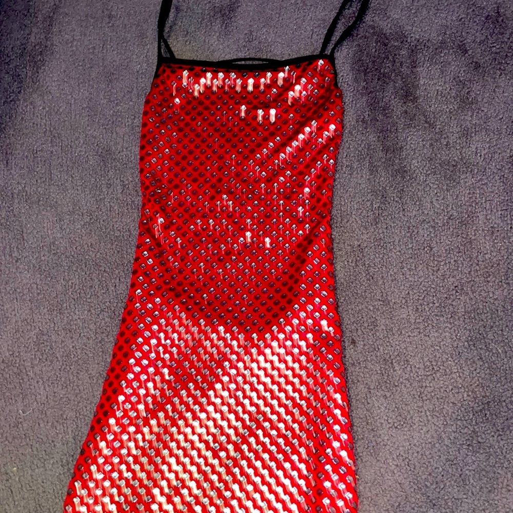 Red and silver backless dress